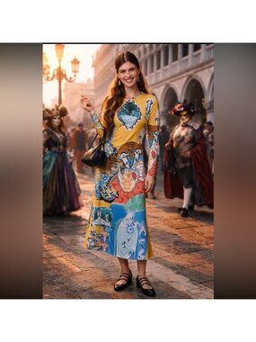 NWT Size M - De Loreta Kiara 100% Cotton Long-Sleeve Midi Dress (NWT US$ 360)